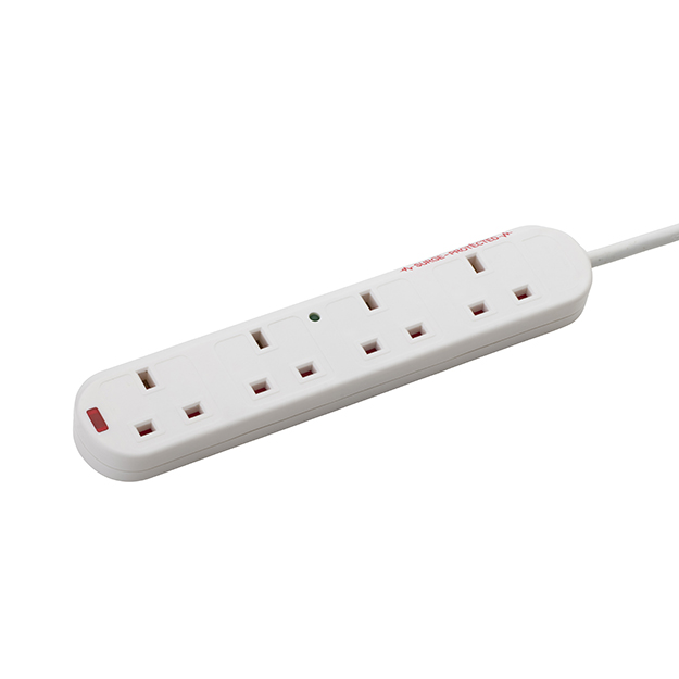 connektgear 2m 4 Way Surge Protected Extension Block - UK Plug to 4 x UK Sockets - White 27-4020S