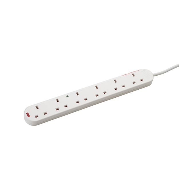 connektgear 2m 6 Way Surge Protected Extension Block - UK Plug to 6 x UK Sockets - White 27-6020S