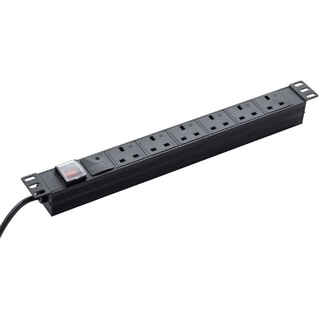 connektgear 3m 6 Way Surge Protected Horizontal Rack Mount Power Extension Block UK Plug to 6 x UK Sockets - Black 27-6030S/UK/RM